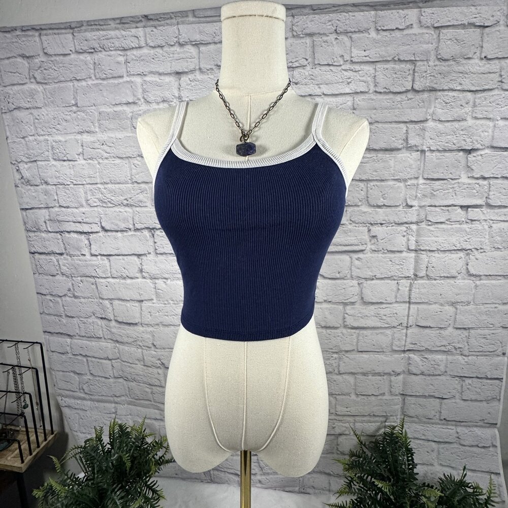 Tillys Navy Ribbed Square Neck Crop Tank Top XS Cotton Blend